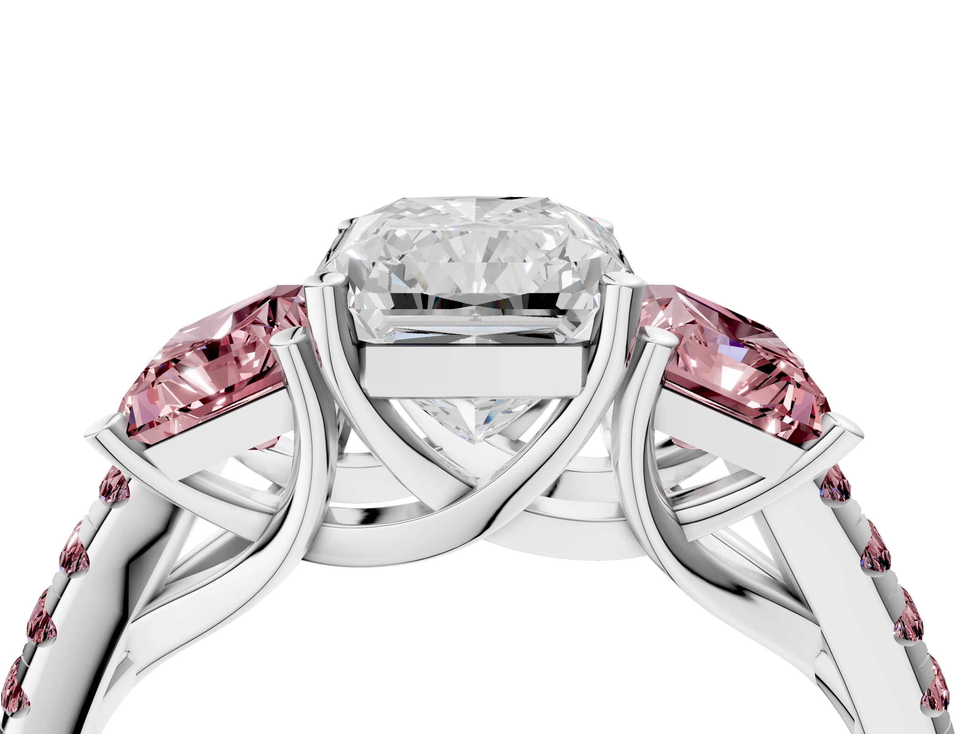 White gold Three-Stone Radiant Cut Diamond Ring with Round with Morganite side stone Pavé Band and Prong Setting_4