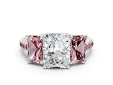 White gold Three-Stone Radiant Cut Diamond Ring with Round with Morganite side stone Pavé Band and Prong Setting