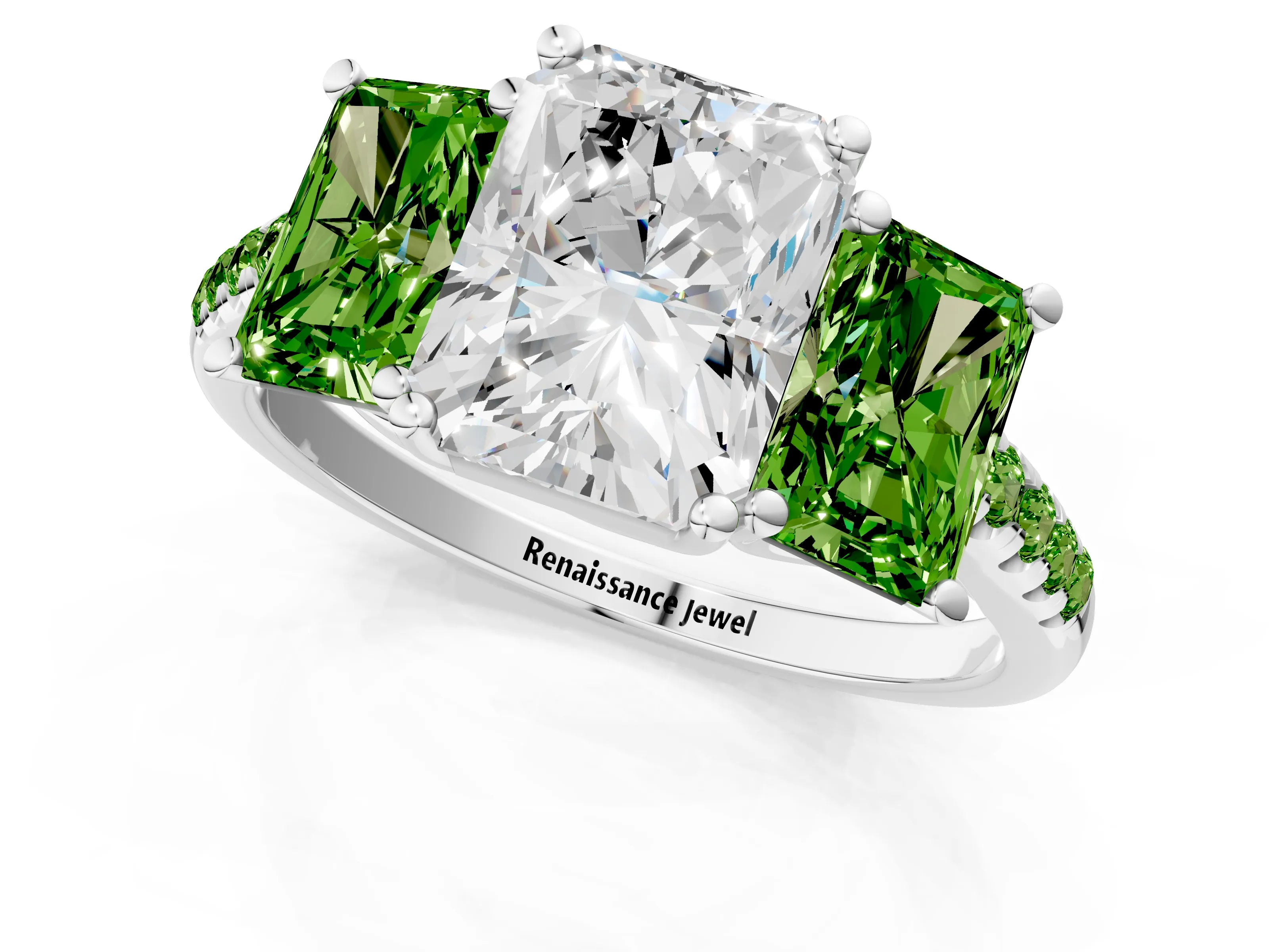 White gold Three-Stone Radiant Cut Diamond Ring with Round with Peridot side stone Pavé Band and Prong Setting_1