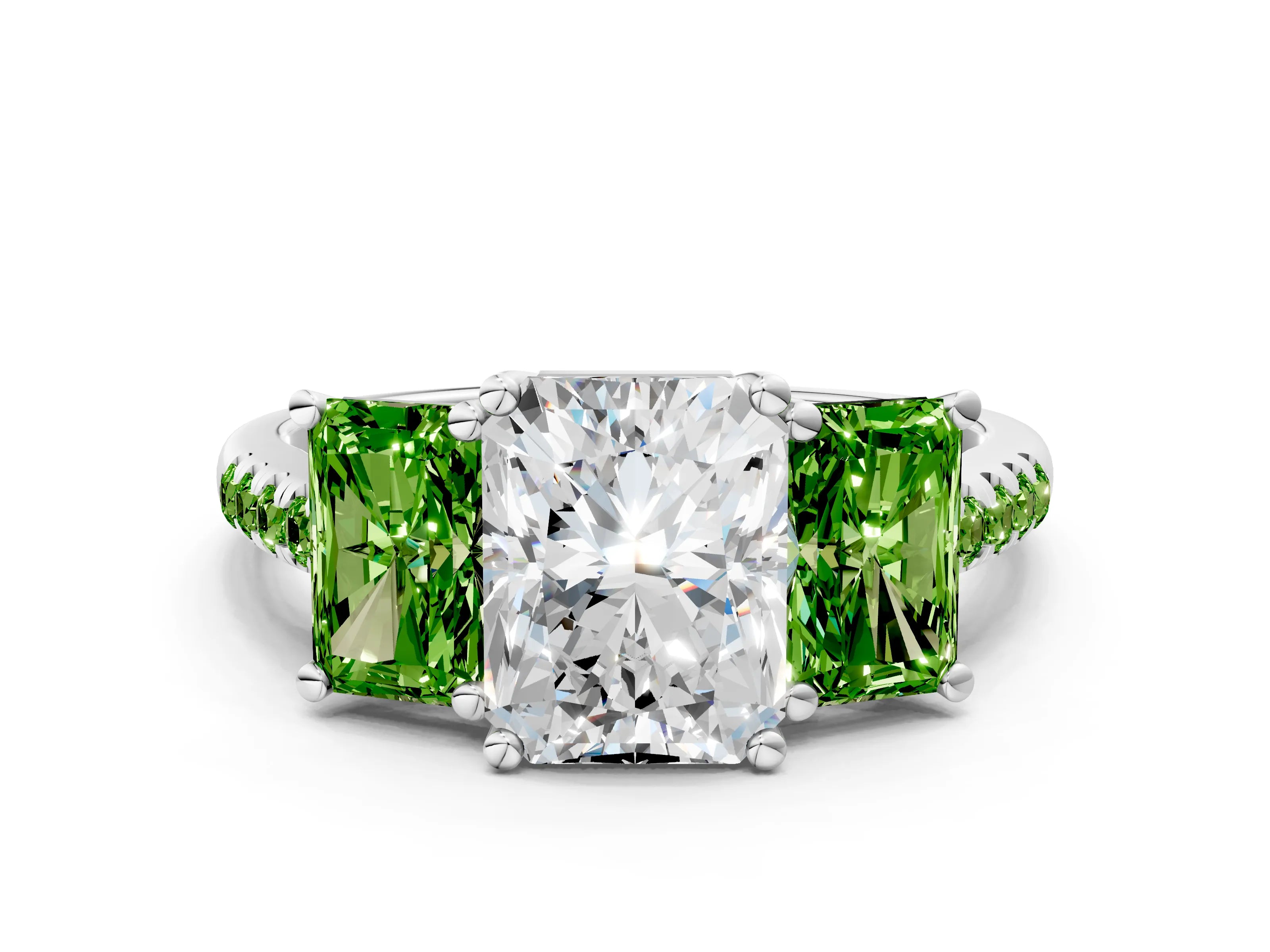 White gold Three-Stone Radiant Cut Diamond Ring with Round with Peridot side stone Pavé Band and Prong Setting