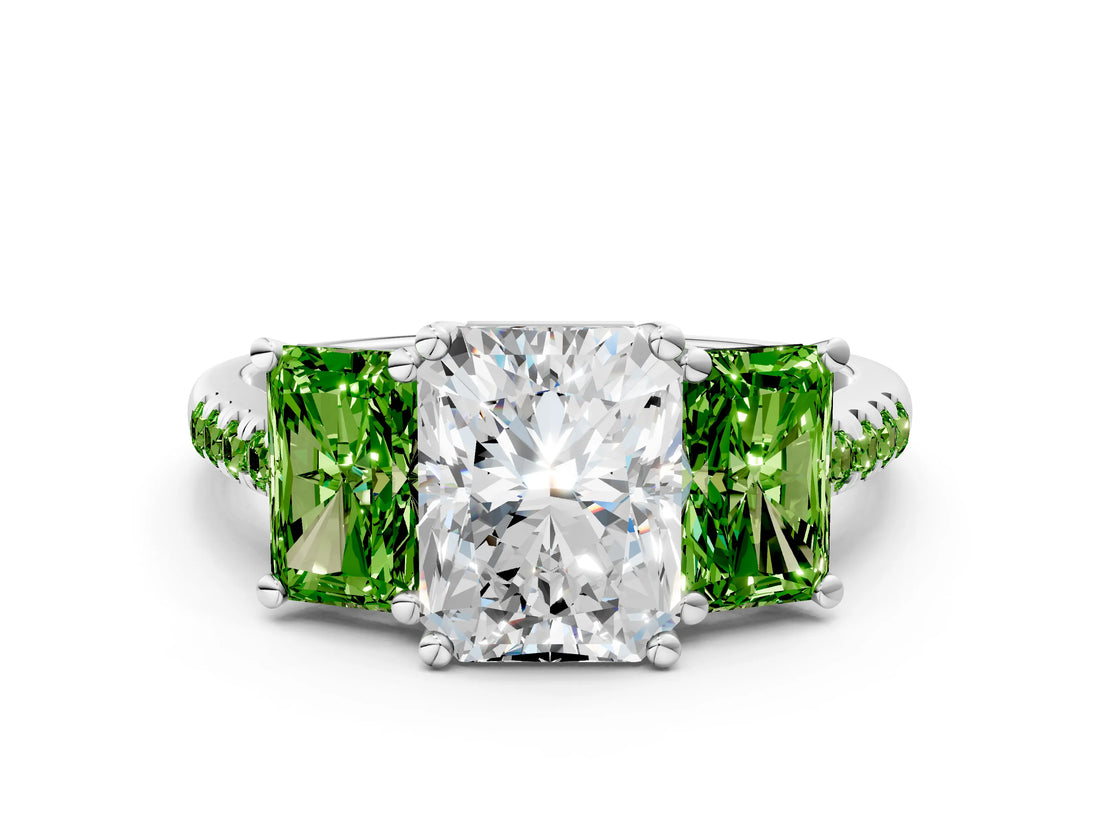 White gold Three-Stone Radiant Cut Diamond Ring with Round with Peridot side stone Pavé Band and Prong Setting_12