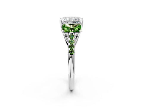 White gold Three-Stone Radiant Cut Diamond Ring with Round with Peridot side stone Pavé Band and Prong Setting_2