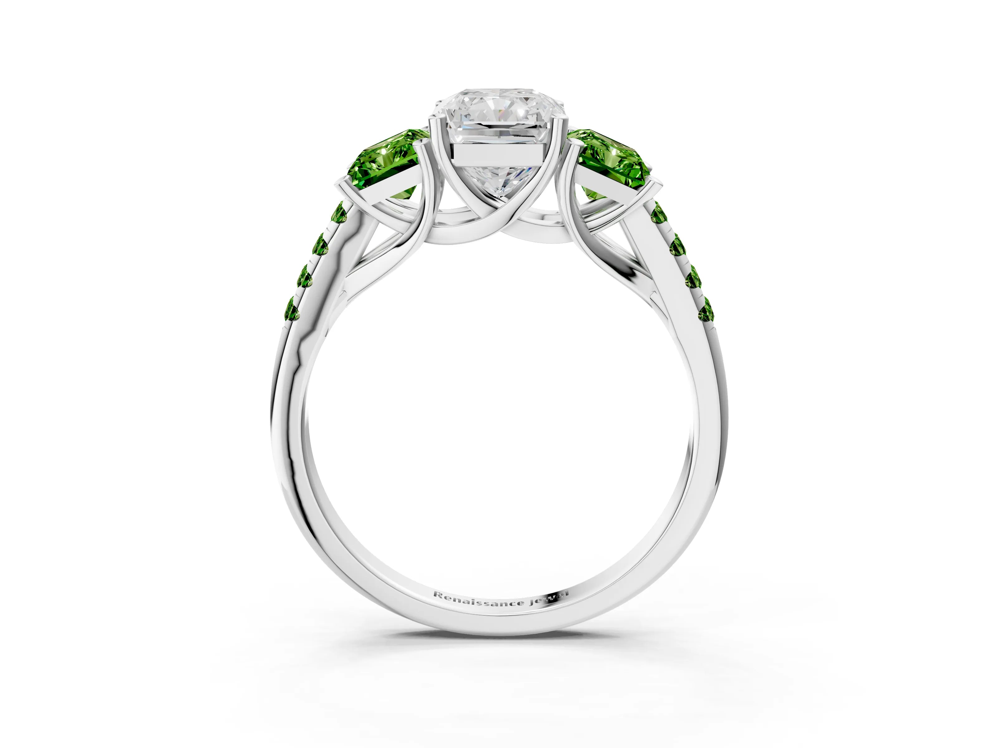 White gold Three-Stone Radiant Cut Diamond Ring with Round with Peridot side stone Pavé Band and Prong Setting_3