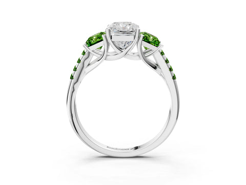 White gold Three-Stone Radiant Cut Diamond Ring with Round with Peridot side stone Pavé Band and Prong Setting_3