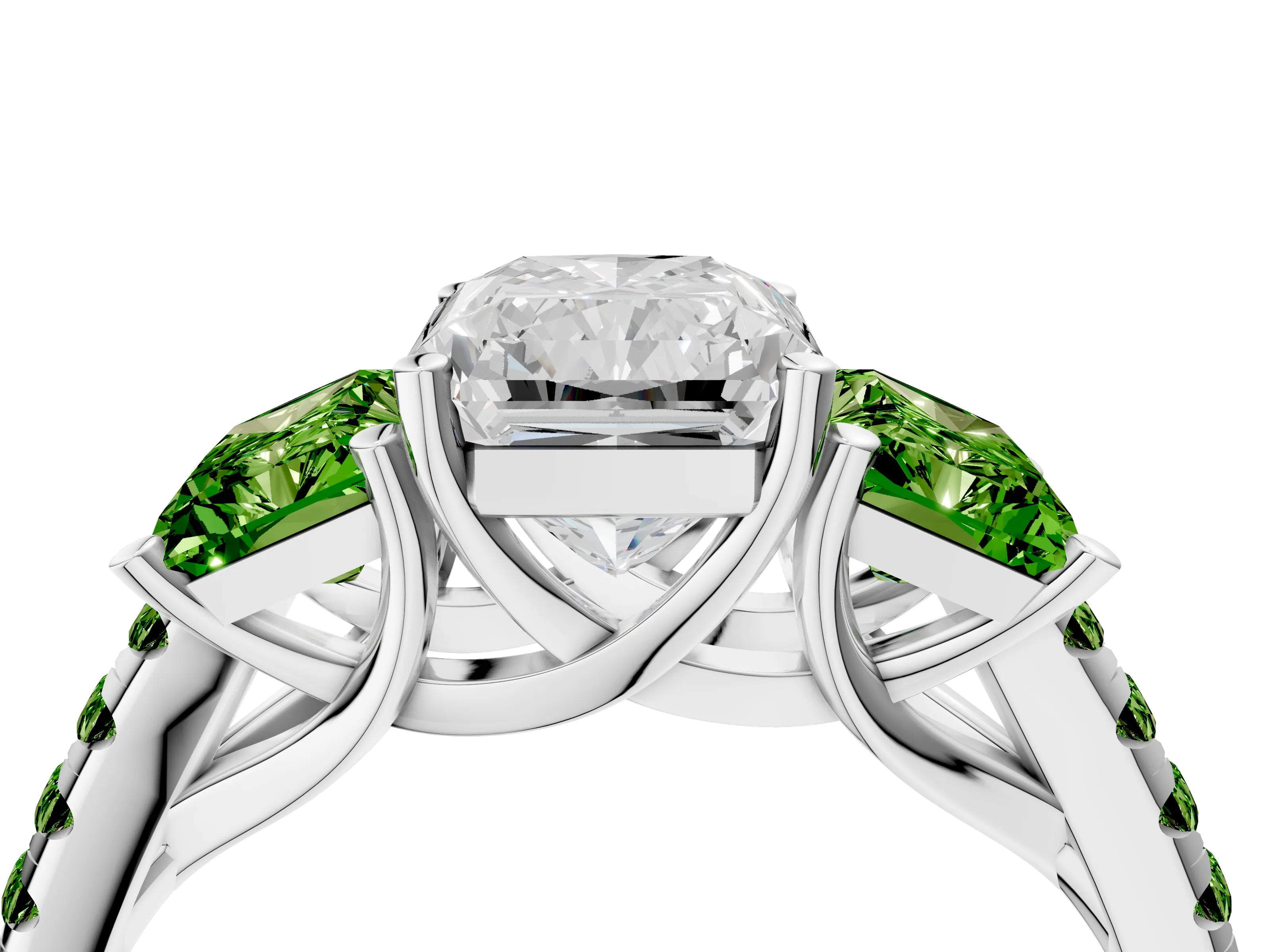 White gold Three-Stone Radiant Cut Diamond Ring with Round with Peridot side stone Pavé Band and Prong Setting_4
