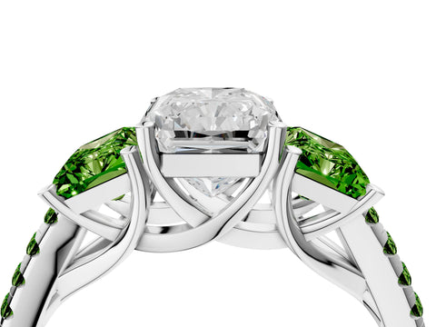 White gold Three-Stone Radiant Cut Diamond Ring with Round with Peridot side stone Pavé Band and Prong Setting_4