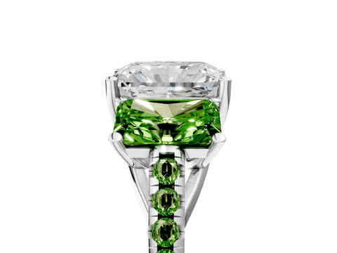 White gold Three-Stone Radiant Cut Diamond Ring with Round with Peridot side stone Pavé Band and Prong Setting_5