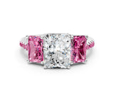 White gold Three-Stone Radiant Cut Diamond Ring with Round with Pink Sapphire side stone Pavé Band and Prong Setting_12