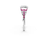 White gold Three-Stone Radiant Cut Diamond Ring with Round with Pink Sapphire side stone Pavé Band and Prong Setting_14