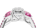 White gold Three-Stone Radiant Cut Diamond Ring with Round with Pink Sapphire side stone Pavé Band and Prong Setting_16