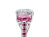 White gold Three-Stone Radiant Cut Diamond Ring with Round with Pink Sapphire side stone Pavé Band and Prong Setting_17