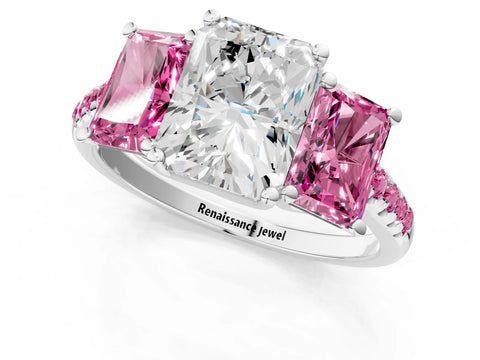 White gold Three-Stone Radiant Cut Diamond Ring with Round with Pink Sapphire side stone Pavé Band and Prong Setting_1