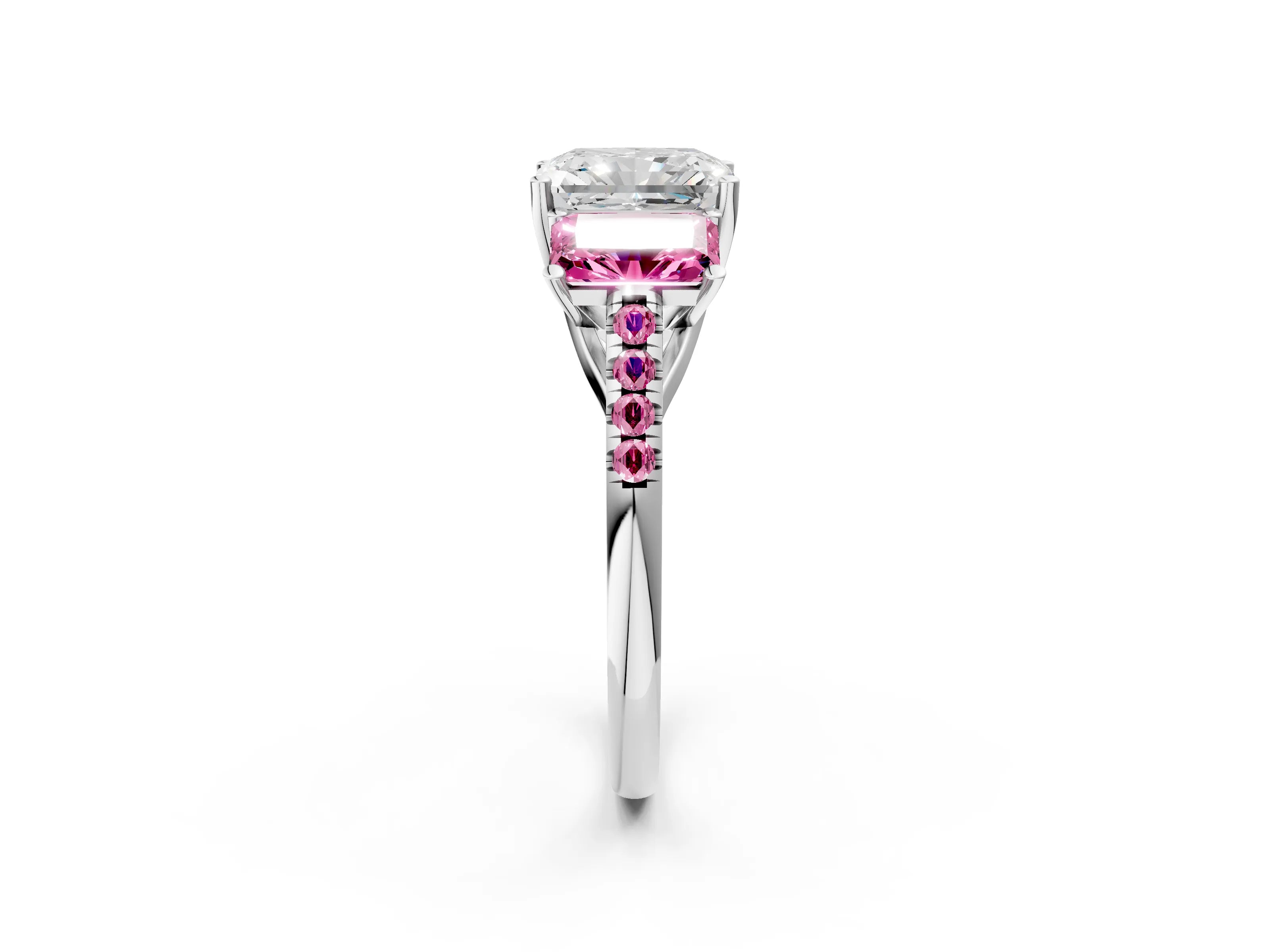 White gold Three-Stone Radiant Cut Diamond Ring with Round with Pink Sapphire side stone Pavé Band and Prong Setting_2