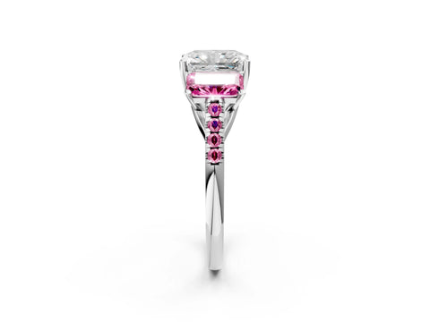 White gold Three-Stone Radiant Cut Diamond Ring with Round with Pink Sapphire side stone Pavé Band and Prong Setting_2