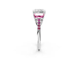 White gold Three-Stone Radiant Cut Diamond Ring with Round with Pink Sapphire side stone Pavé Band and Prong Setting_2