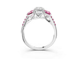 White gold Three-Stone Radiant Cut Diamond Ring with Round with Pink Sapphire side stone Pavé Band and Prong Setting_3