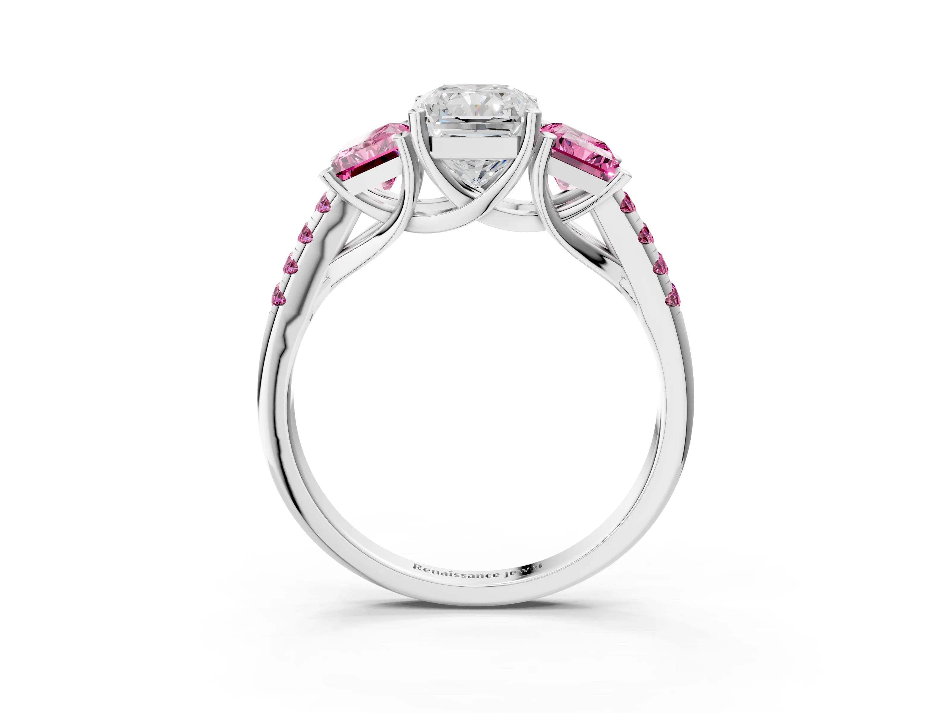 White gold Three-Stone Radiant Cut Diamond Ring with Round with Pink Sapphire side stone Pavé Band and Prong Setting_3