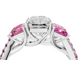 White gold Three-Stone Radiant Cut Diamond Ring with Round with Pink Sapphire side stone Pavé Band and Prong Setting_4