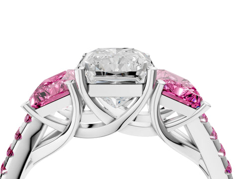 White gold Three-Stone Radiant Cut Diamond Ring with Round with Pink Sapphire side stone Pavé Band and Prong Setting_4