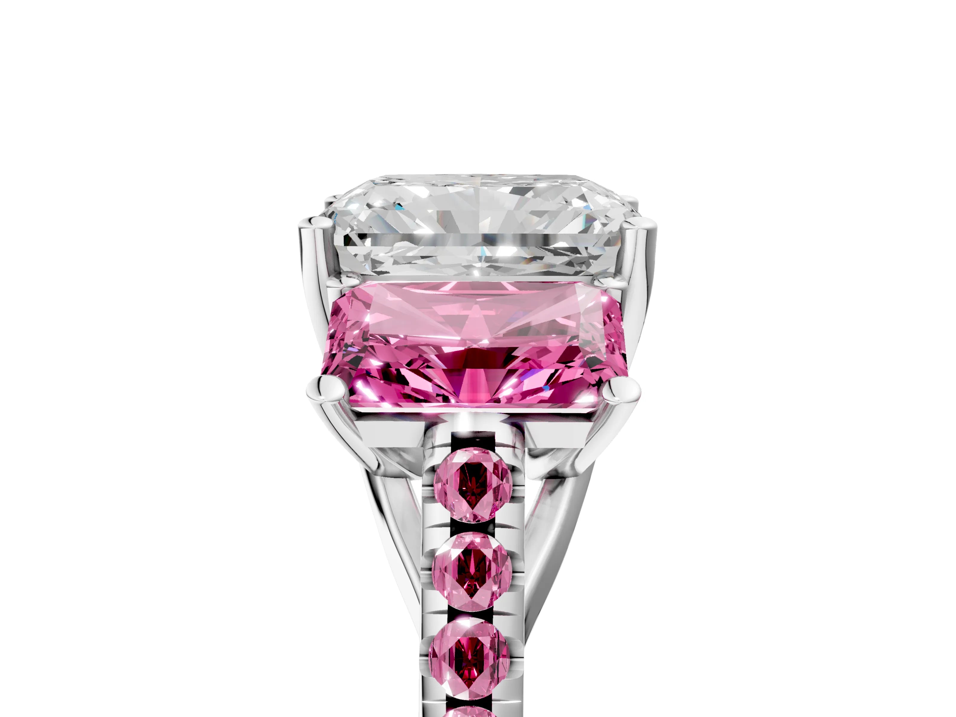 White gold Three-Stone Radiant Cut Diamond Ring with Round with Pink Sapphire side stone Pavé Band and Prong Setting_5