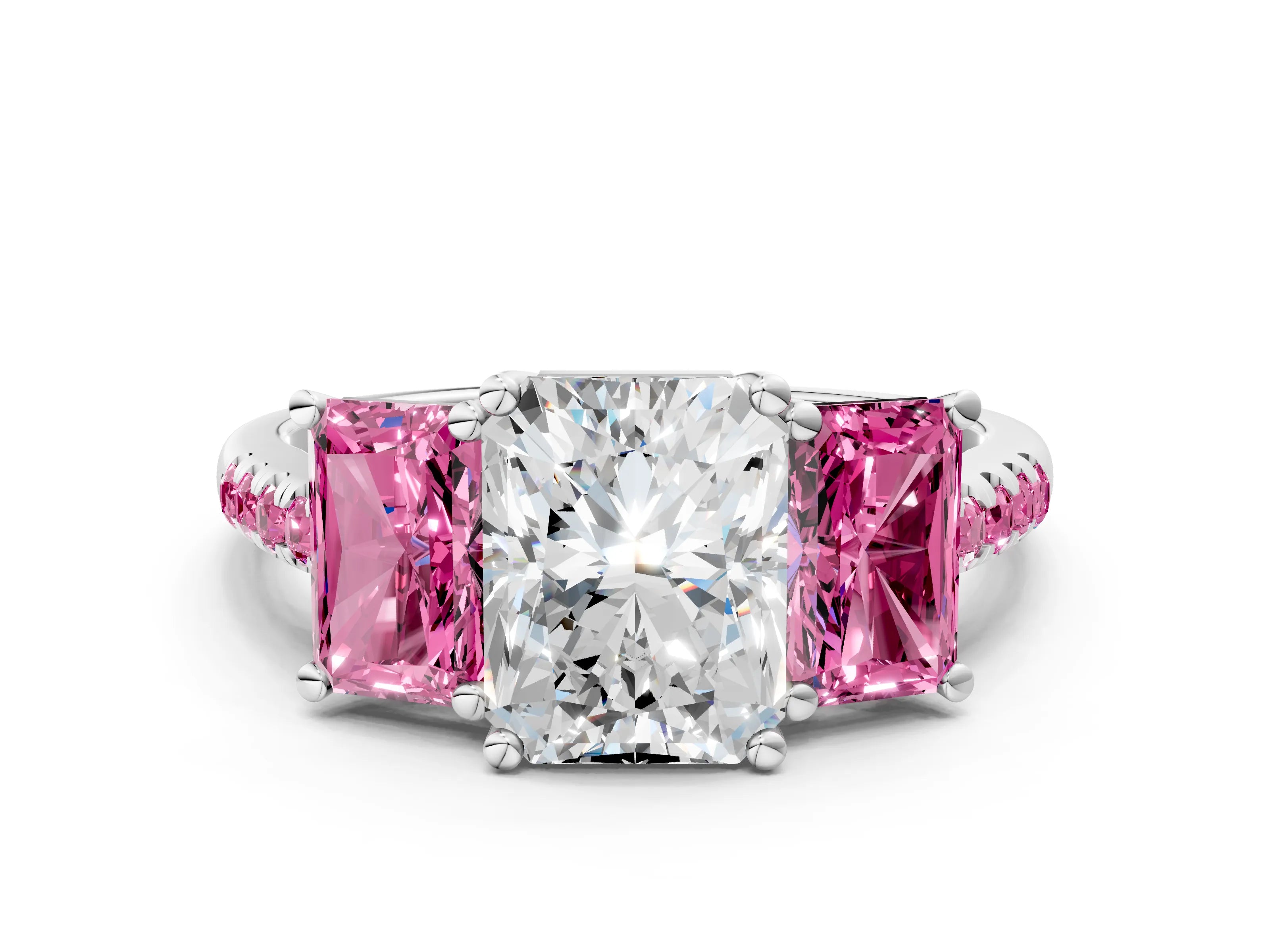 White gold Three-Stone Radiant Cut Diamond Ring with Round with Pink Sapphire side stone Pavé Band and Prong Setting