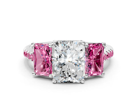White gold Three-Stone Radiant Cut Diamond Ring with Round with Pink Sapphire side stone Pavé Band and Prong Setting