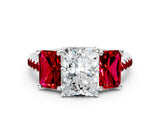 White gold Three-Stone Radiant Cut Diamond Ring with Round with Ruby side stone Pavé Band and Prong Setting_12