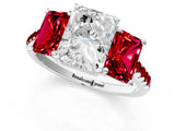 White gold Three-Stone Radiant Cut Diamond Ring with Round with Ruby side stone Pavé Band and Prong Setting_13