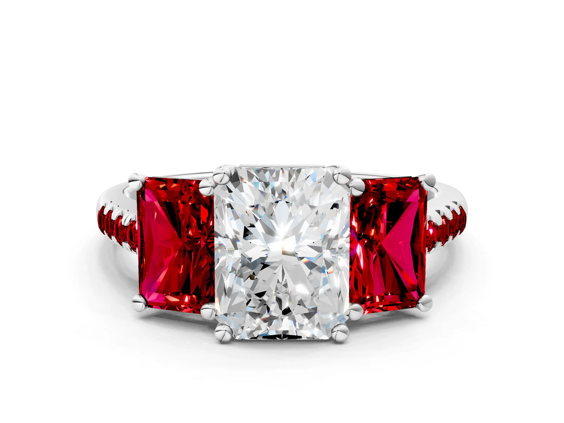 White gold Three-Stone Radiant Cut Diamond Ring with Round with Ruby side stone Pavé Band and Prong Setting