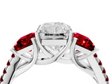 White gold Three-Stone Radiant Cut Diamond Ring with Round with Ruby side stone Pavé Band and Prong Setting_16