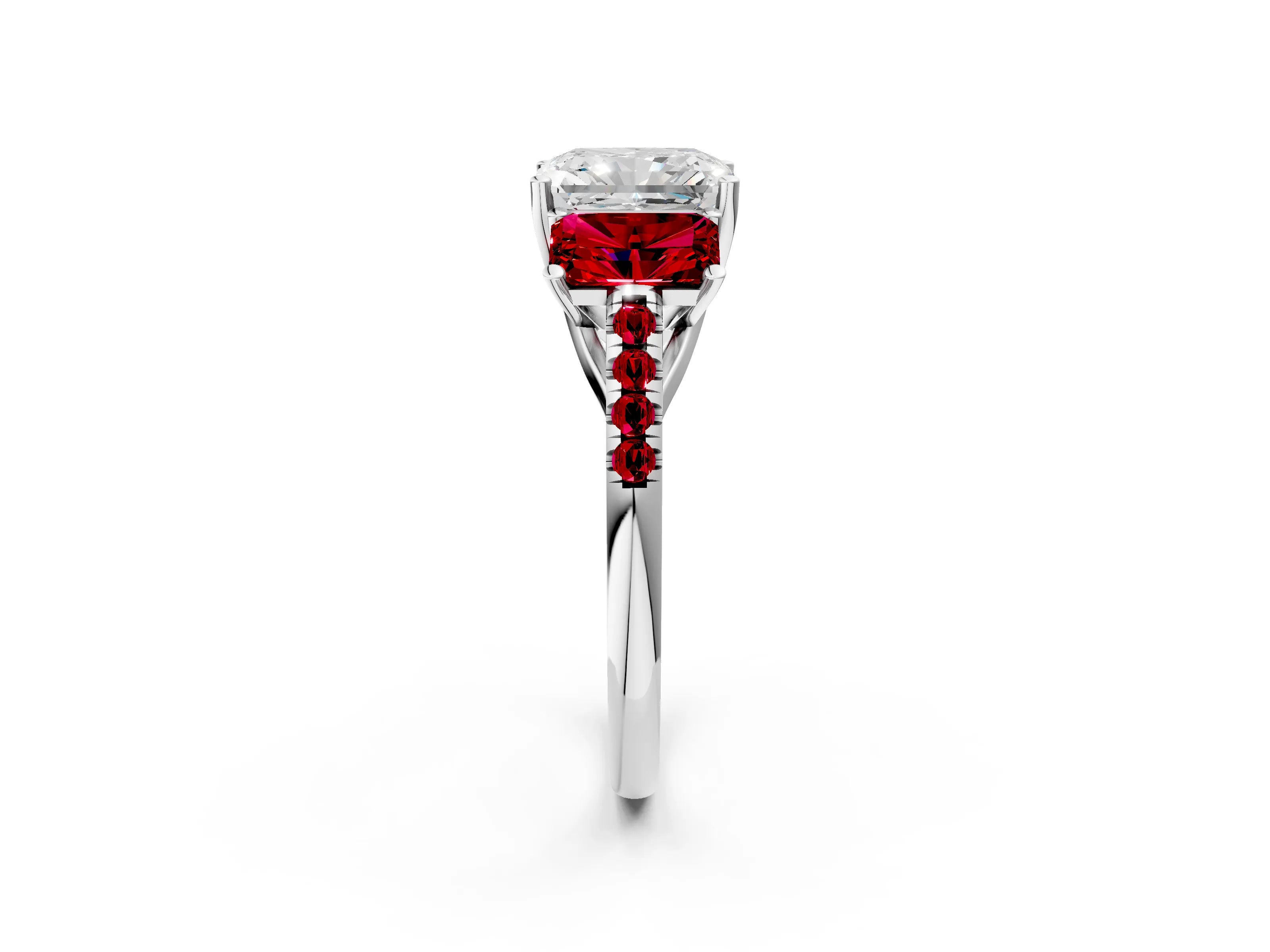White gold Three-Stone Radiant Cut Diamond Ring with Round with Ruby side stone Pavé Band and Prong Setting_2