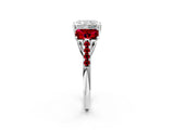 White gold Three-Stone Radiant Cut Diamond Ring with Round with Ruby side stone Pavé Band and Prong Setting_2