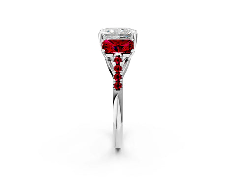 White gold Three-Stone Radiant Cut Diamond Ring with Round with Ruby side stone Pavé Band and Prong Setting_2
