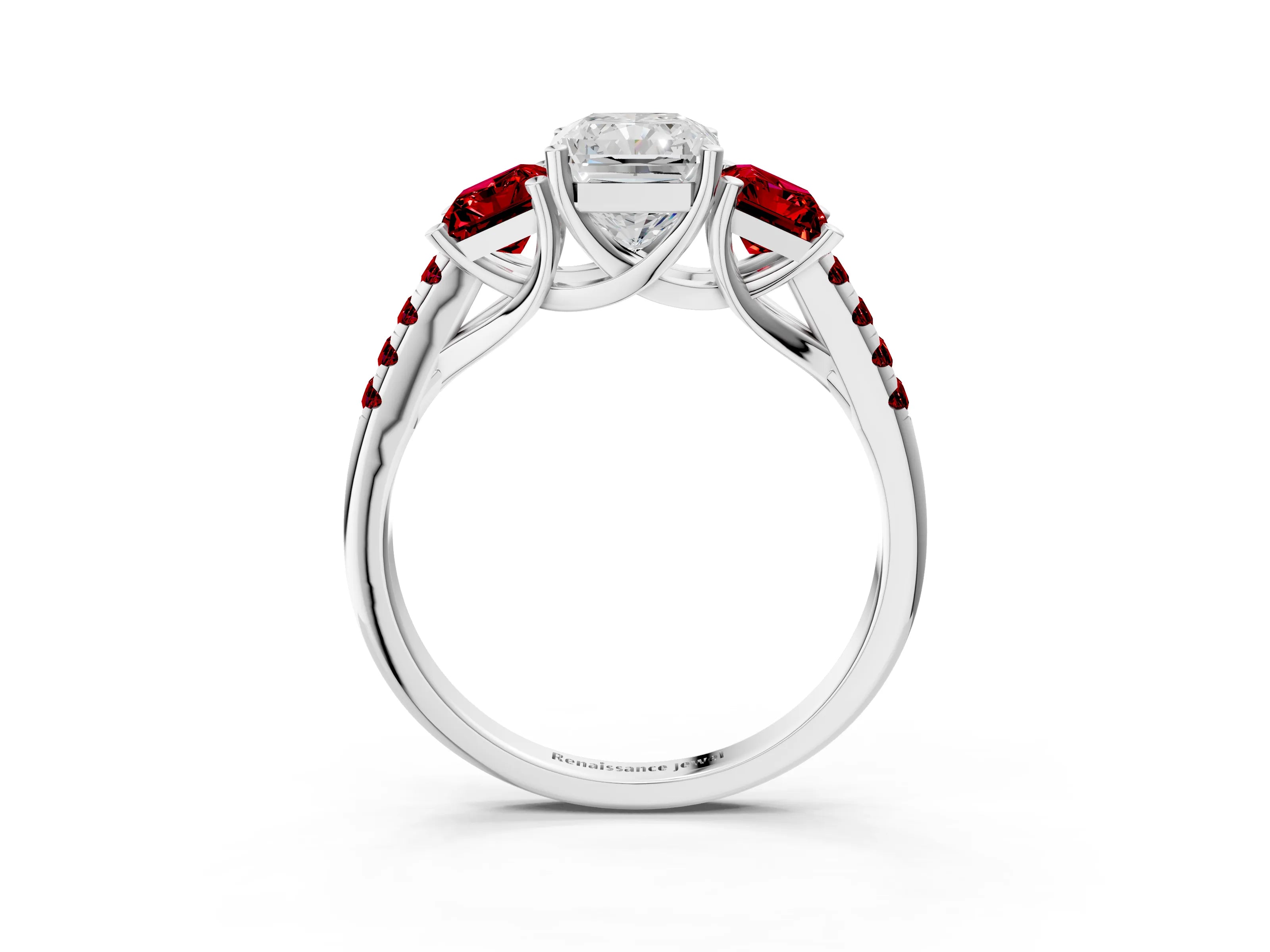 White gold Three-Stone Radiant Cut Diamond Ring with Round with Ruby side stone Pavé Band and Prong Setting_3