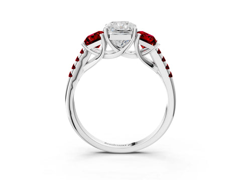 White gold Three-Stone Radiant Cut Diamond Ring with Round with Ruby side stone Pavé Band and Prong Setting_3