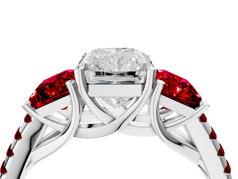 White gold Three-Stone Radiant Cut Diamond Ring with Round with Ruby side stone Pavé Band and Prong Setting_4