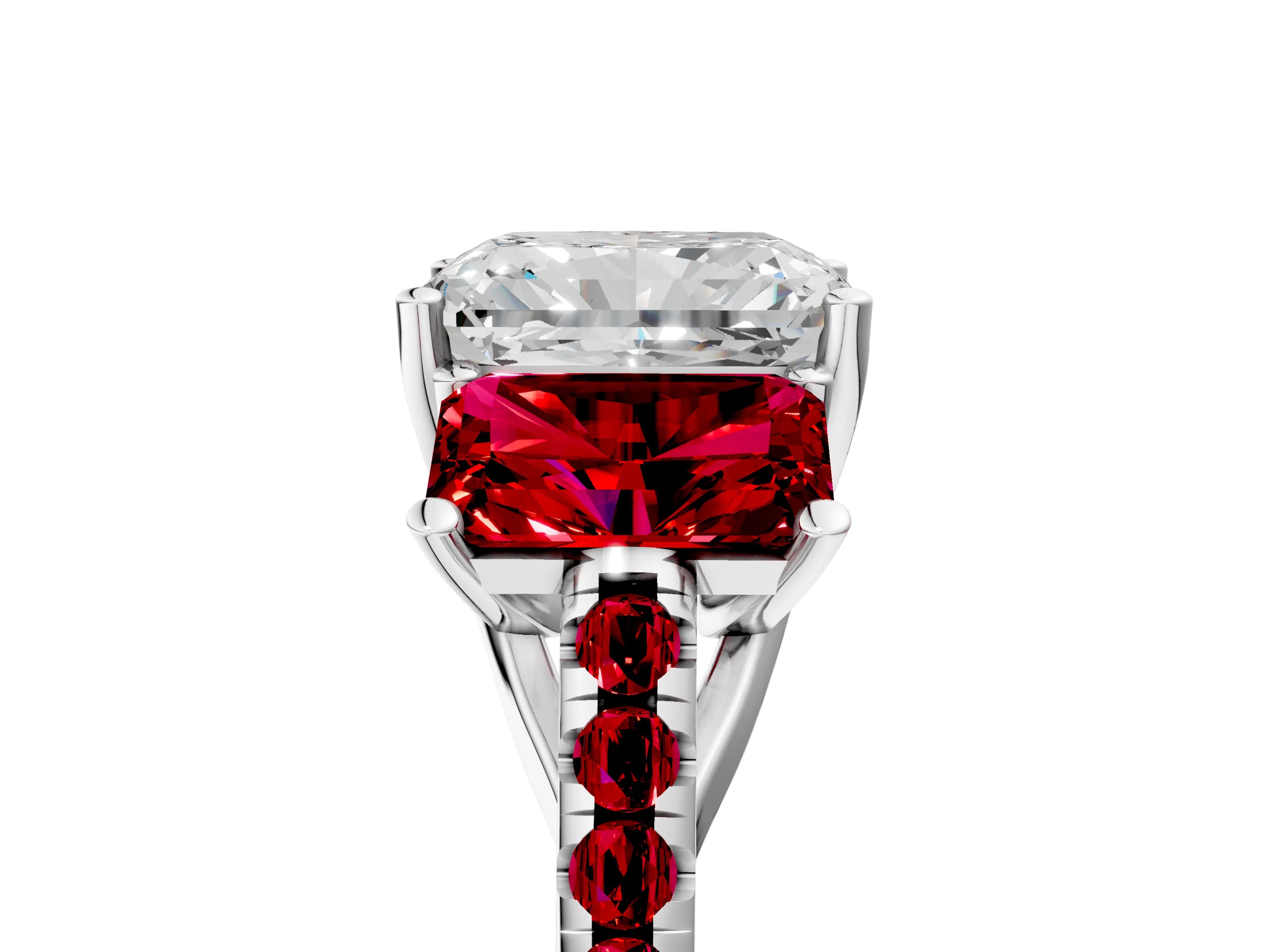 White gold Three-Stone Radiant Cut Diamond Ring with Round with Ruby side stone Pavé Band and Prong Setting_5