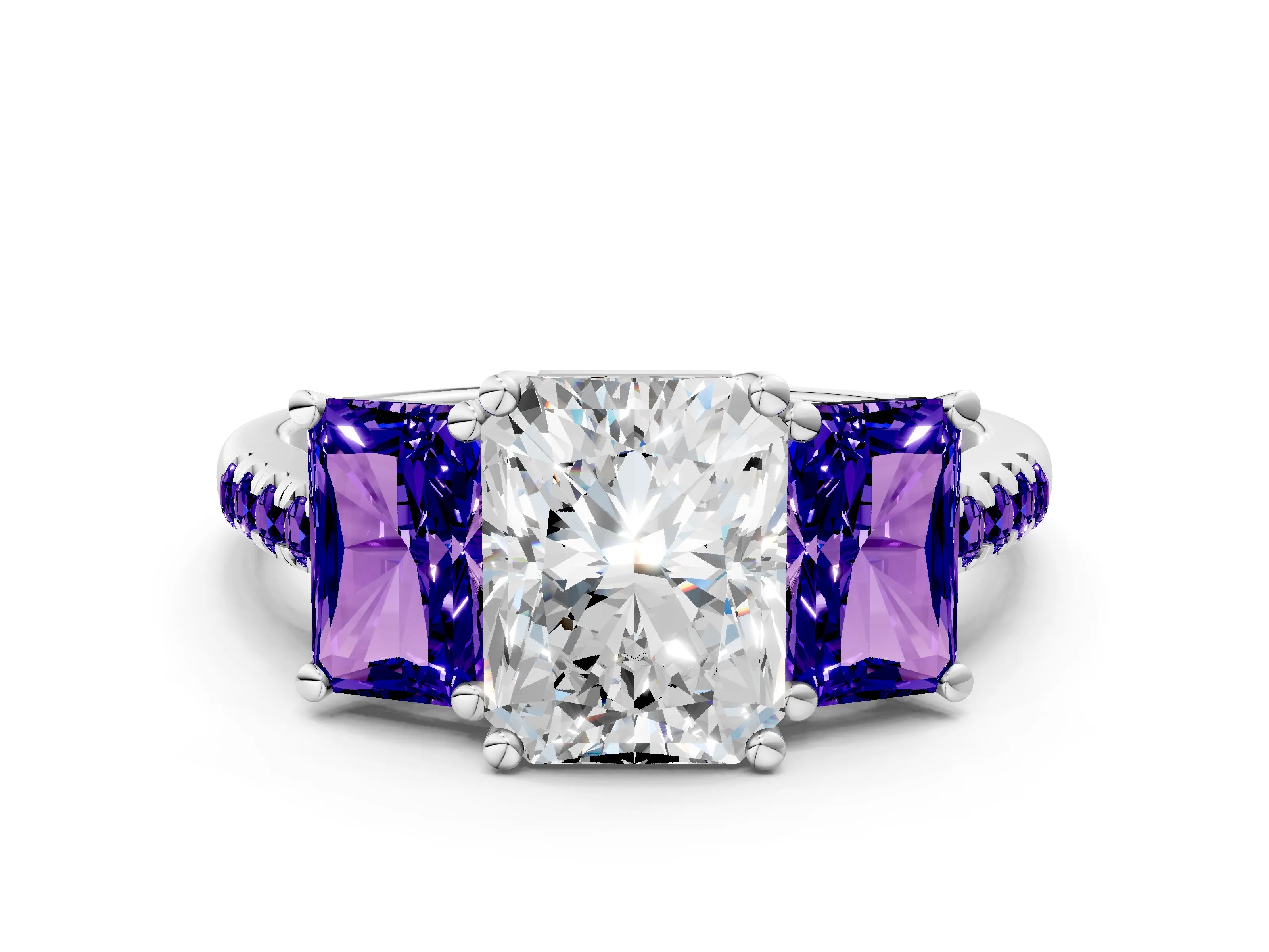 White gold Three-Stone Radiant Cut Diamond Ring with Round with Tanzanite side stone Pavé Band and Prong Setting
