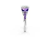 White gold Three-Stone Radiant Cut Diamond Ring with Round with Tanzanite side stone Pavé Band and Prong Setting_2