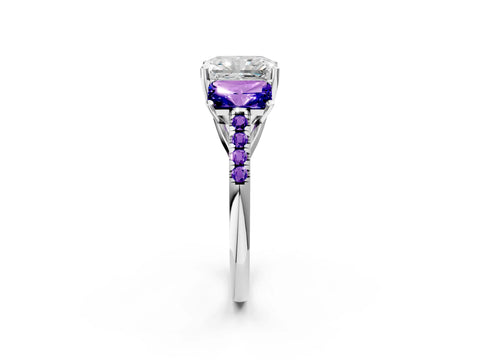 White gold Three-Stone Radiant Cut Diamond Ring with Round with Tanzanite side stone Pavé Band and Prong Setting_2