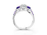 White gold Three-Stone Radiant Cut Diamond Ring with Round with Tanzanite side stone Pavé Band and Prong Setting_3