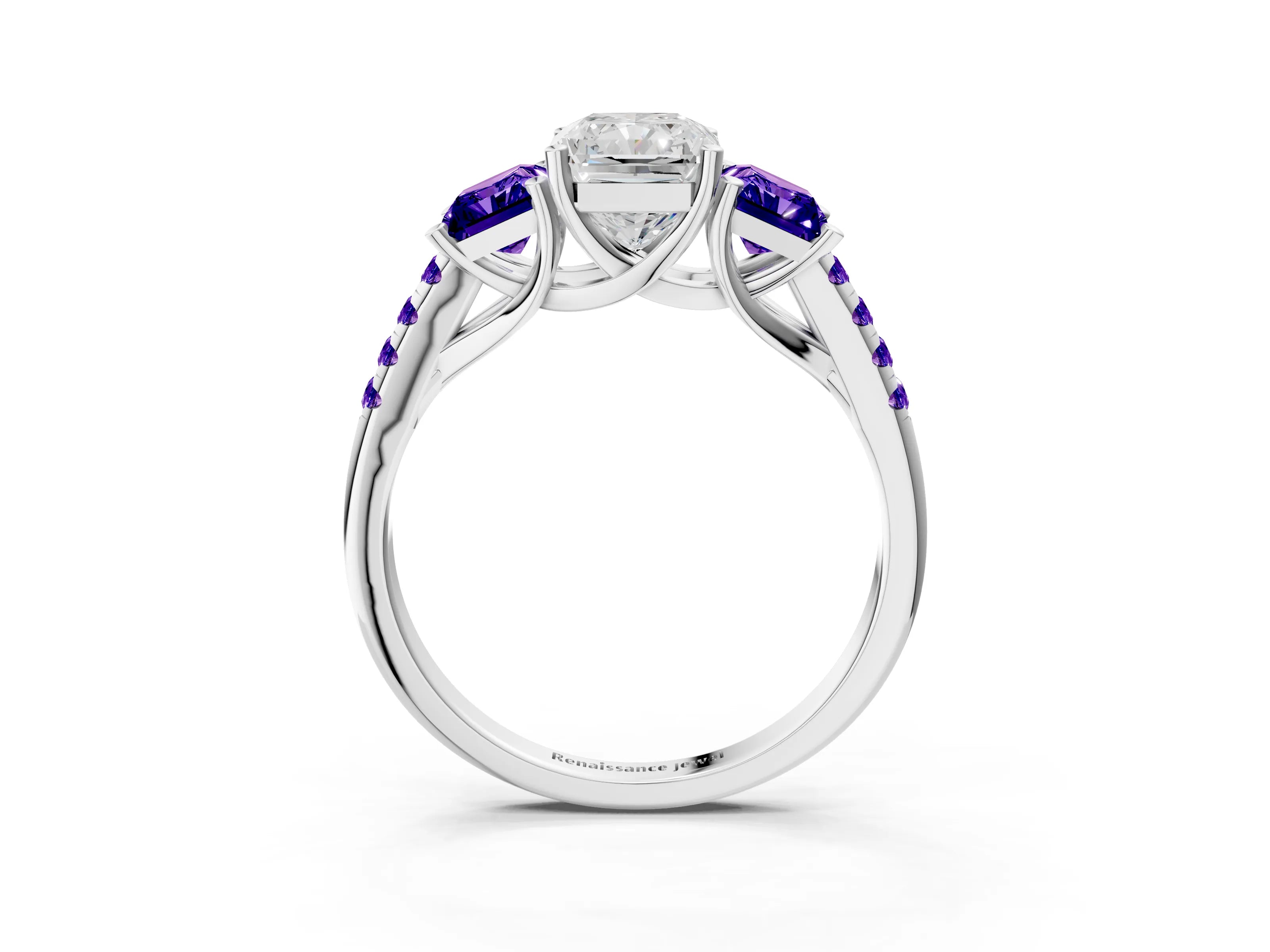 White gold Three-Stone Radiant Cut Diamond Ring with Round with Tanzanite side stone Pavé Band and Prong Setting_3