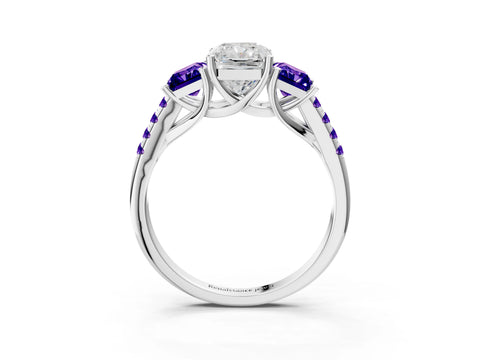 White gold Three-Stone Radiant Cut Diamond Ring with Round with Tanzanite side stone Pavé Band and Prong Setting_3