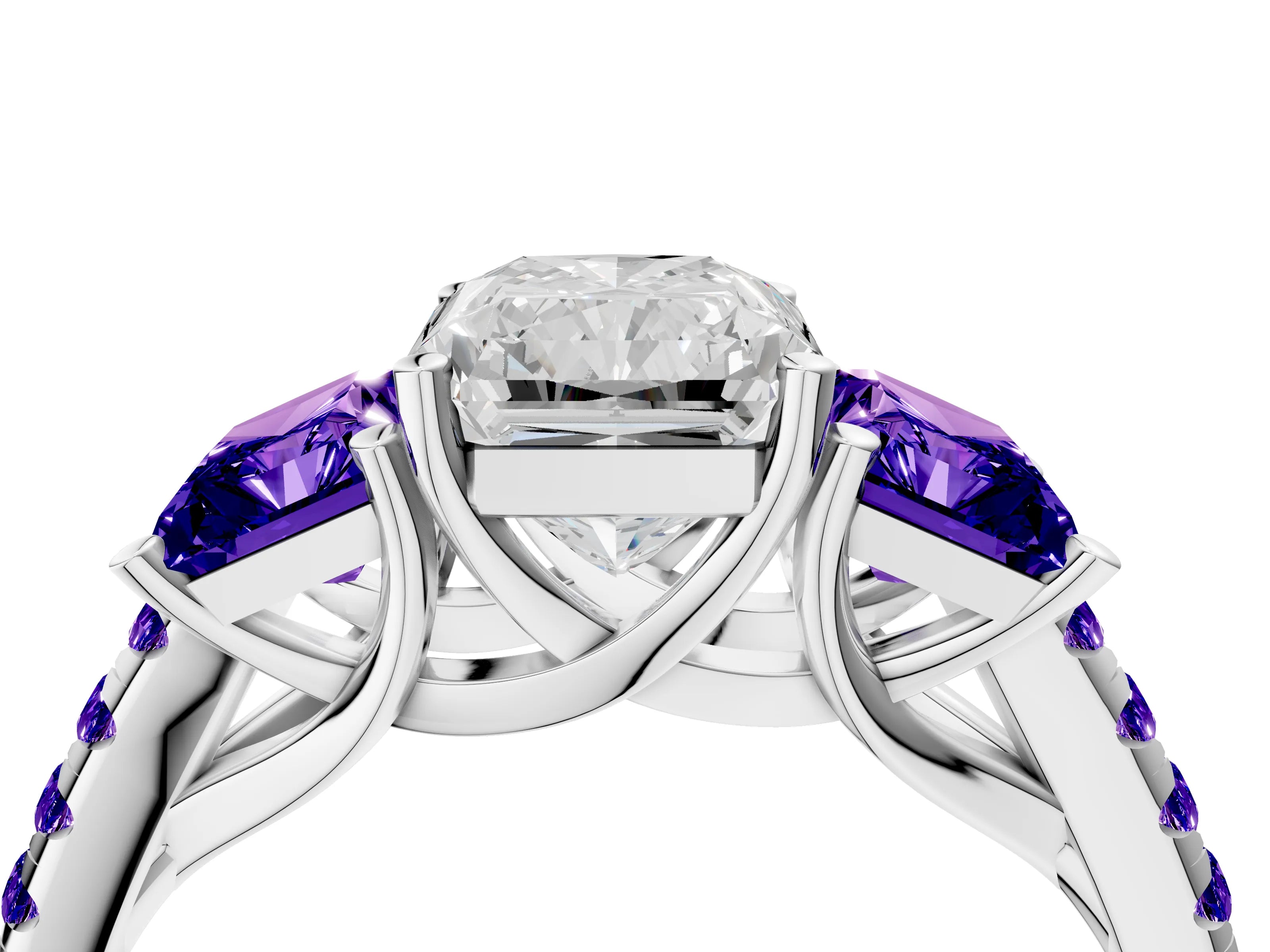 White gold Three-Stone Radiant Cut Diamond Ring with Round with Tanzanite side stone Pavé Band and Prong Setting_4