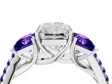 White gold Three-Stone Radiant Cut Diamond Ring with Round with Tanzanite side stone Pavé Band and Prong Setting_4