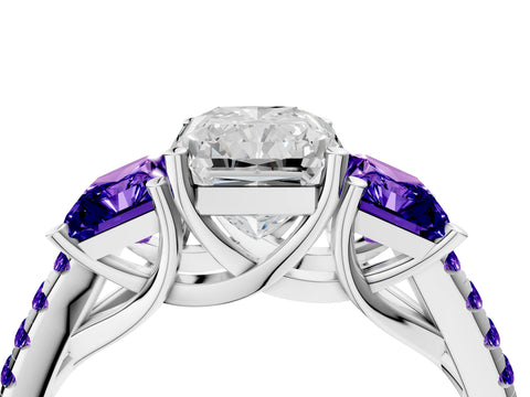 White gold Three-Stone Radiant Cut Diamond Ring with Round with Tanzanite side stone Pavé Band and Prong Setting_4