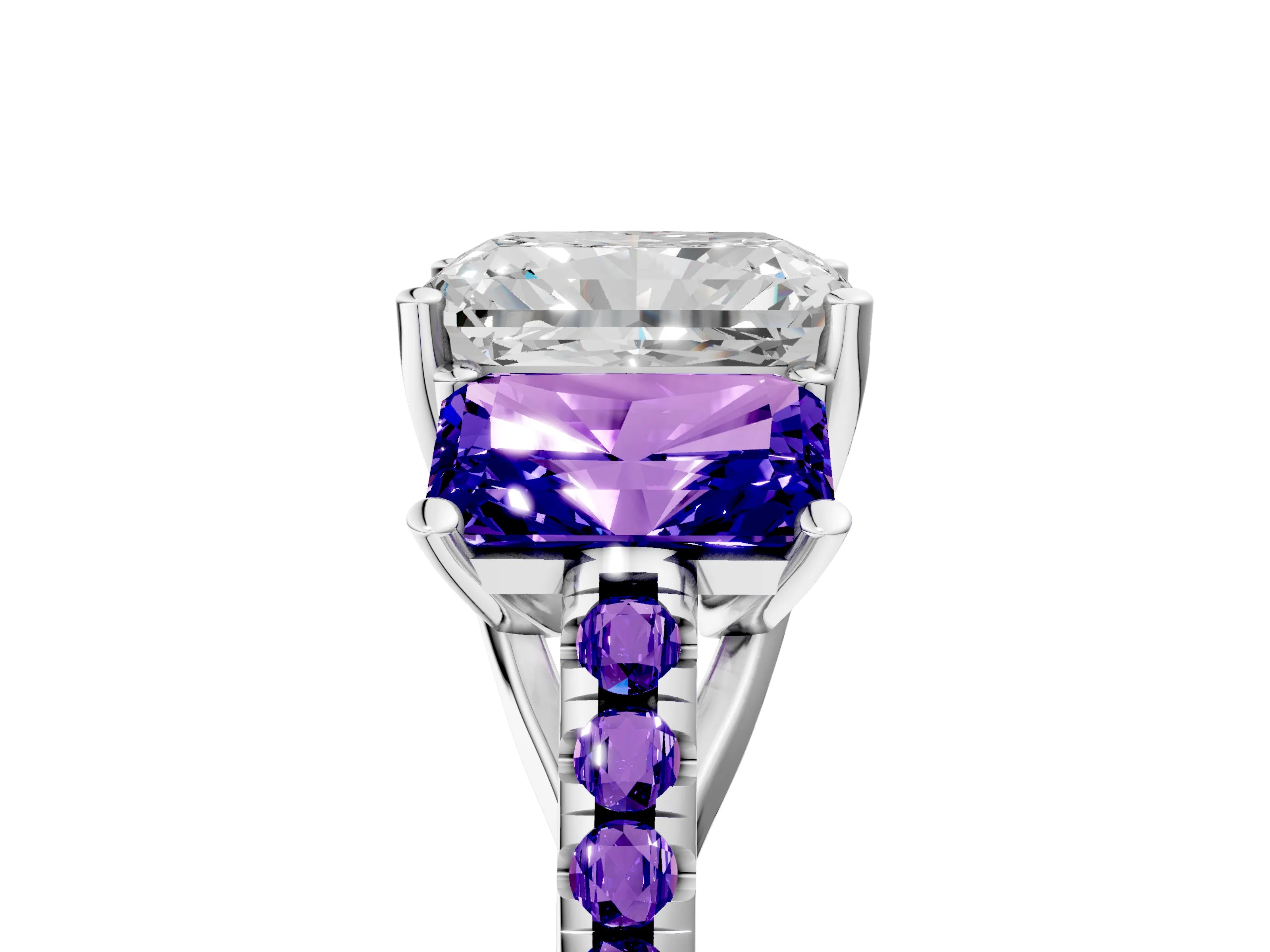 White gold Three-Stone Radiant Cut Diamond Ring with Round with Tanzanite side stone Pavé Band and Prong Setting_5