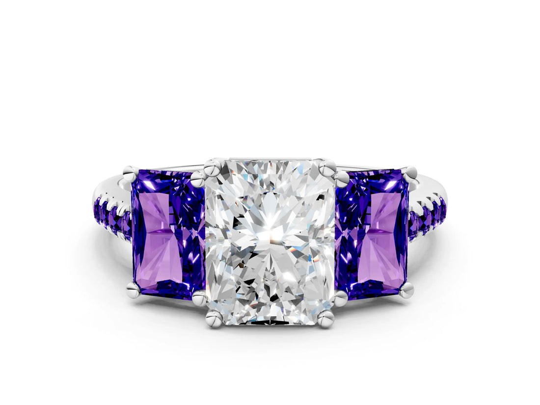 White gold Three-Stone Radiant Cut Diamond Ring with Round with Tanzanite side stone Pavé Band and Prong Setting