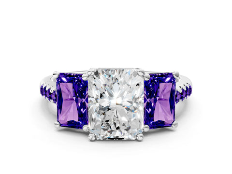 White gold Three-Stone Radiant Cut Diamond Ring with Round with Tanzanite side stone Pavé Band and Prong Setting