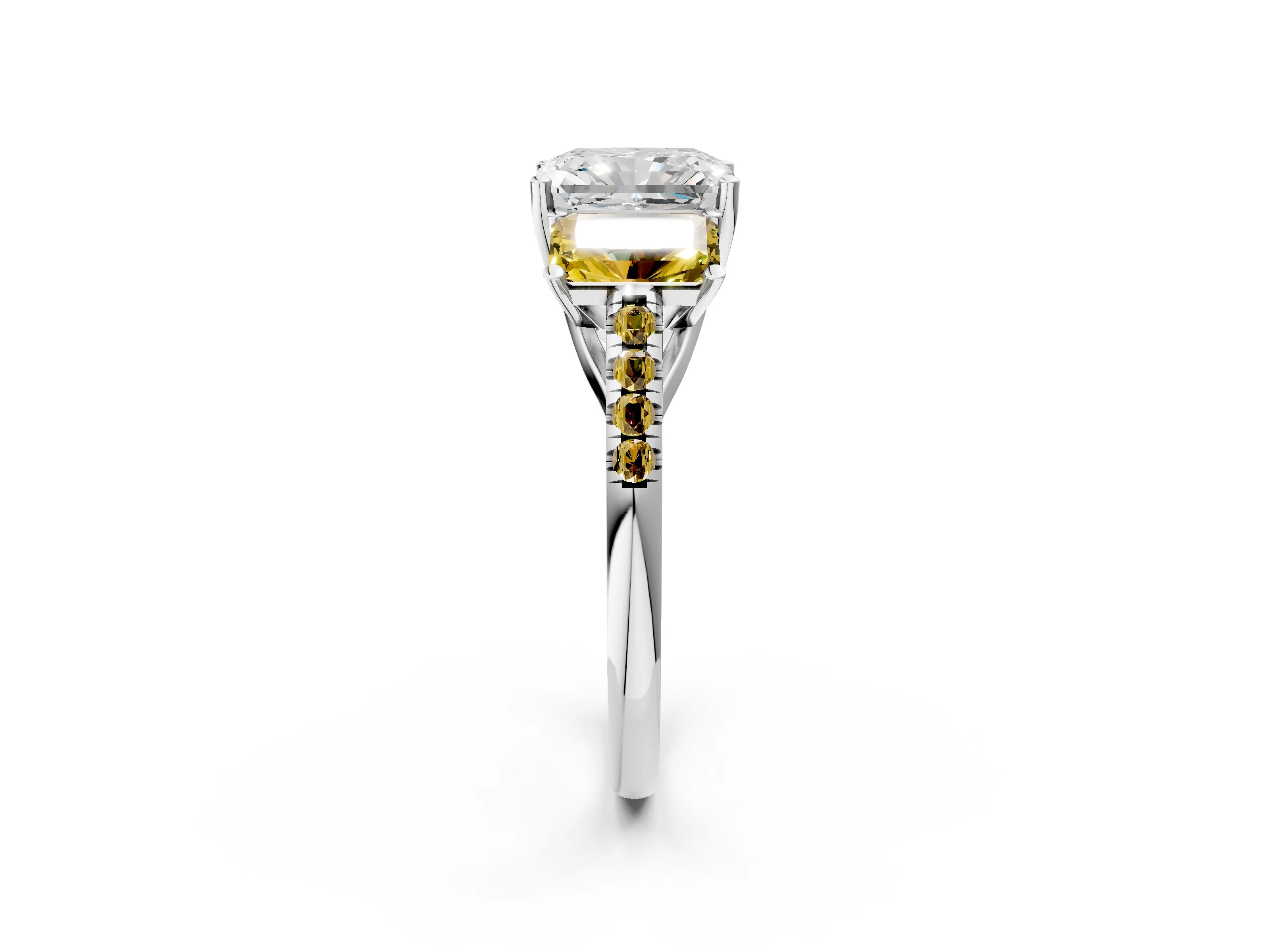 White gold Three-Stone Radiant Cut Diamond Ring with Round with Yellow Sapphire side stone Pavé Band and Prong Setting_2
